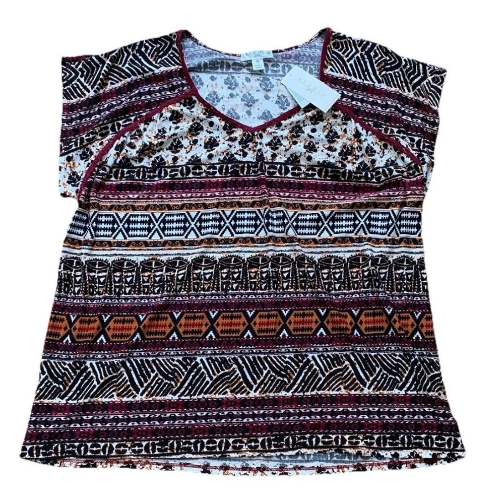 John Paul Richard Women's Multi Color Aztek Print Top Size XL Short Sleeve New